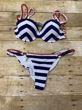 Beach Bunny Navy and White Striped Bikini with Red Trim gold accents size S/M (?
